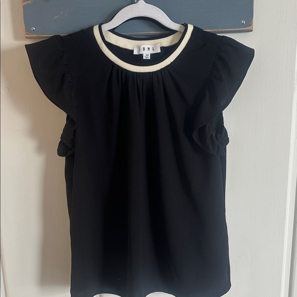 THML Black Top with Ruffle Sleeves and ivory Trim